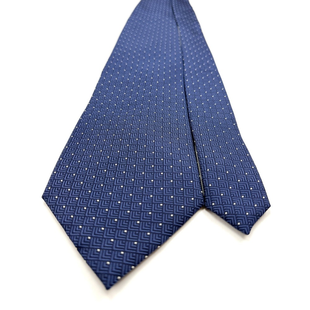 Vintage Ziggurat Silk Tie 4"W 58"L Navy Blue with White Geometric Design #1656